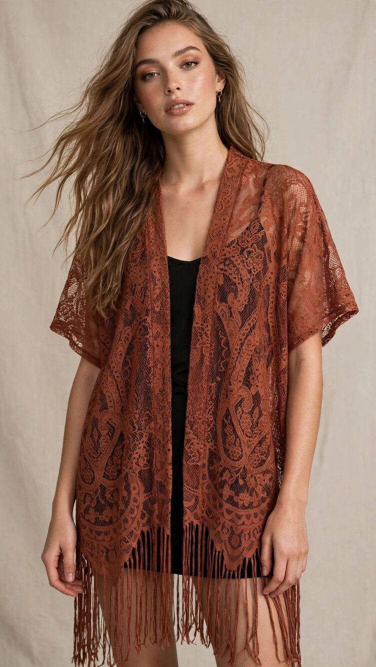 Rust Terracotta Floral Lace Kimono Womens S Open Front Fringe Boho Festival Chic
